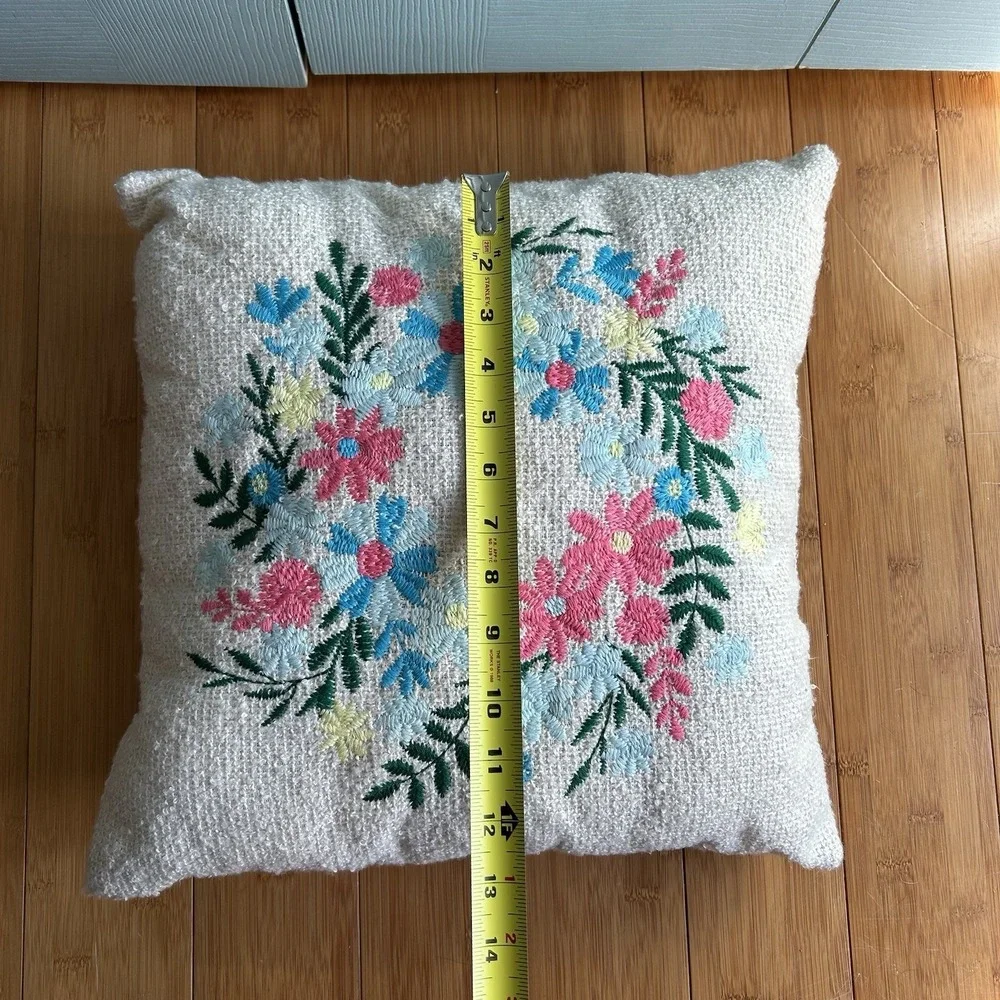 Floral Crewel Embroidery Woven SquareThrow Pillow Pink Blue Flowers Spring Small